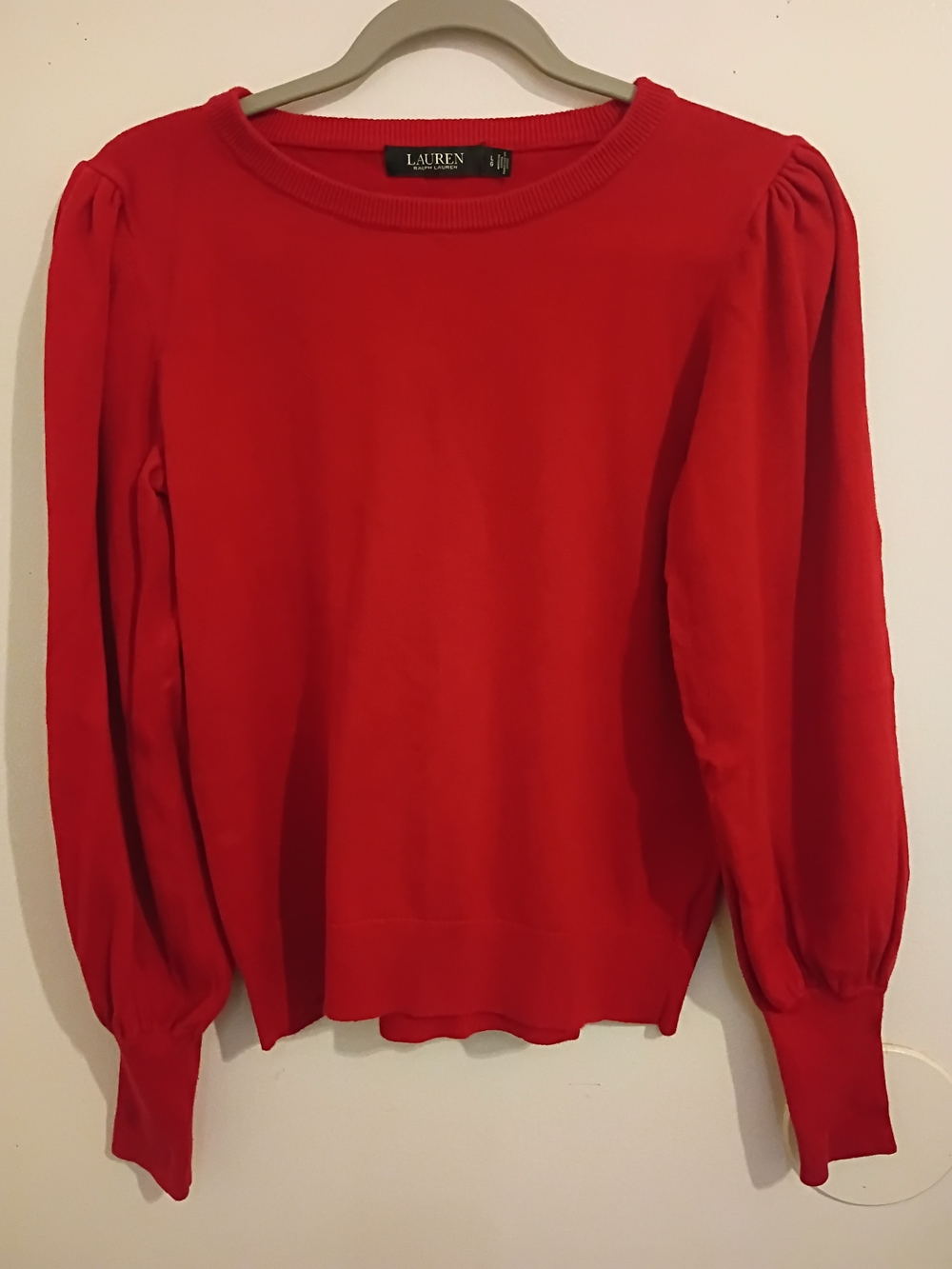 Lauren‎ Ralph Lauren Red Puff Sleeve Sweater Cotton Blend Sz L